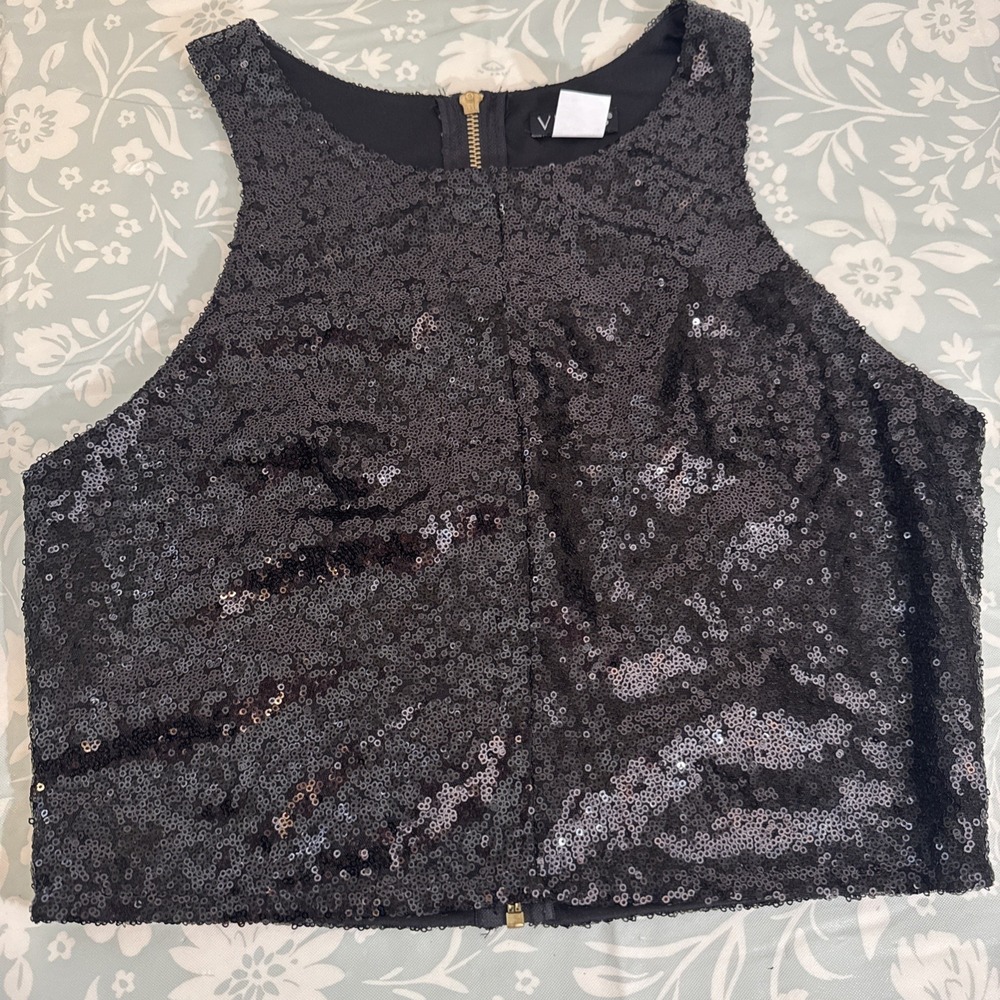 Black Sequin Cropped Tank Top Zipper Back Party Formal NWOT Womens Size 8